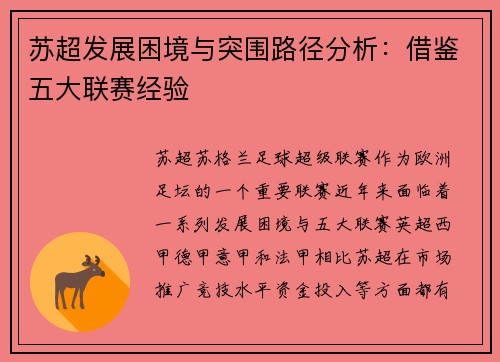 苏超发展困境与突围路径分析：借鉴五大联赛经验