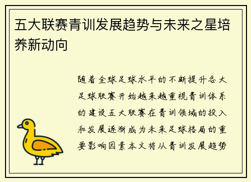 五大联赛青训发展趋势与未来之星培养新动向