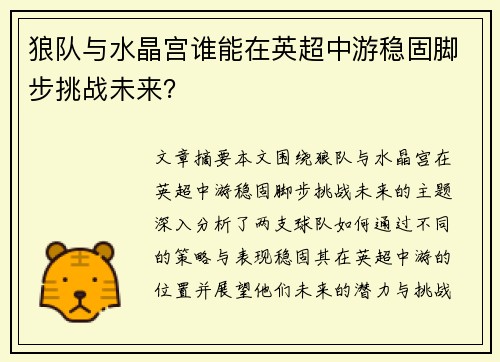 狼队与水晶宫谁能在英超中游稳固脚步挑战未来？